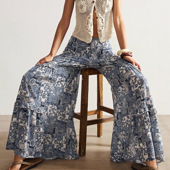 Blue Boho Women's Paisley Print Ruffled Wide Leg Pants - Picture 1 of 7